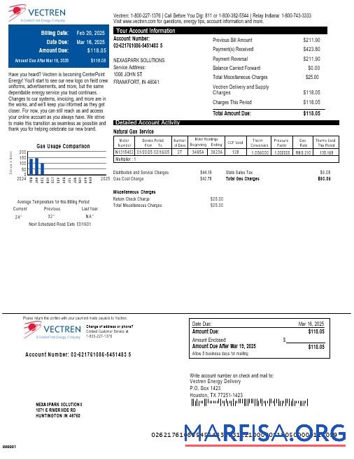 Realistic USA Vectren business utility bill download Word and PDF example download for verification
